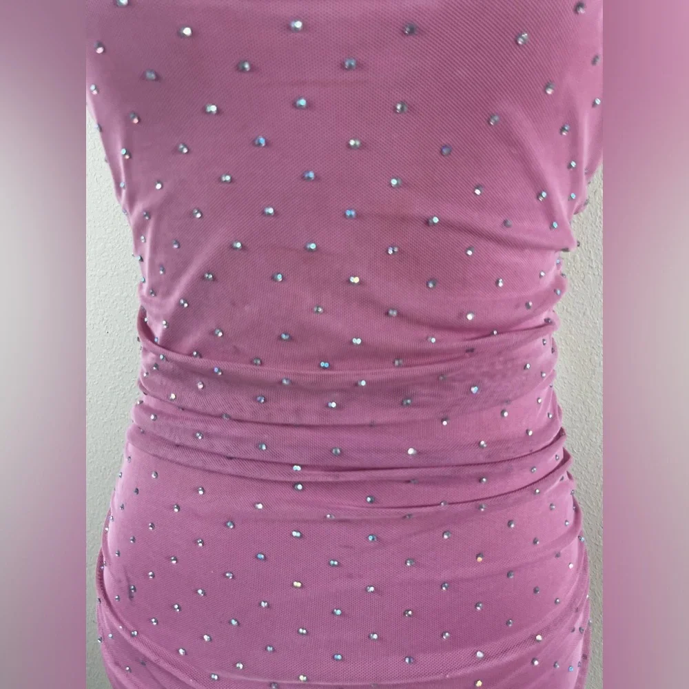 Pink Rhinestone Ruched Mini Dress - Picture 5 of 5